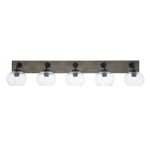 Kirby 47.75 in. 5 Light Black and Painted Wood-look Vanity Light with 7 in. Clear Bubble Glass Shades No Bulbs Included