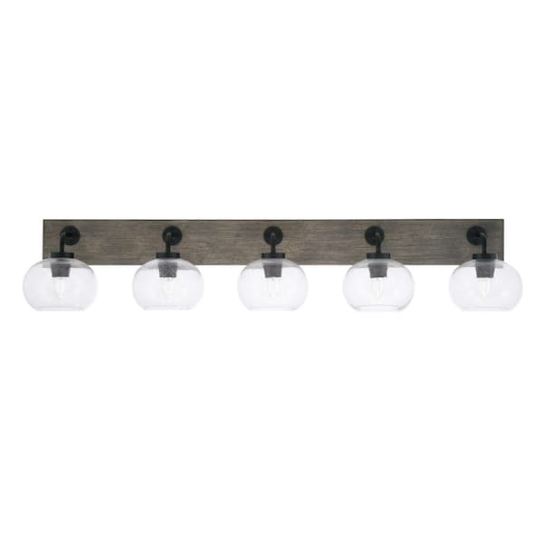 Unbranded Kirby 47.75 in. 5 Light Black and Painted Wood-look Vanity Light with 7 in. Clear Bubble Glass Shades No Bulbs Included