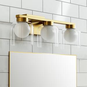 Austin 20.5 in. 3-Light Classic Brass Integrated LED Adjustable 3 CCT Vanity Light with White and Clear Glass Shade