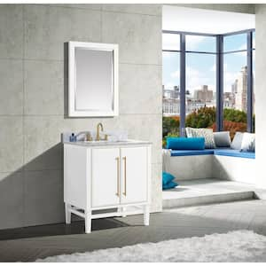 Mason 31 in. W x 22 in. D Bath Vanity in White with Gold Trim with Marble Vanity Top in Carrara White with White Basin