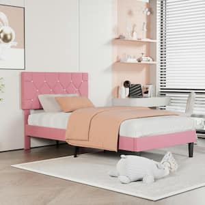 Upholstered Bed, Platform Bed with Adjustable Headboard, Wood Slat Support, No Box Spring Needed, Pink Twin Bed Frame