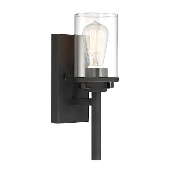 Designers Fountain Jedrek 4.5 in. 1-Light Black Modern Industrial Wall Sconce with Clear Glass Shade