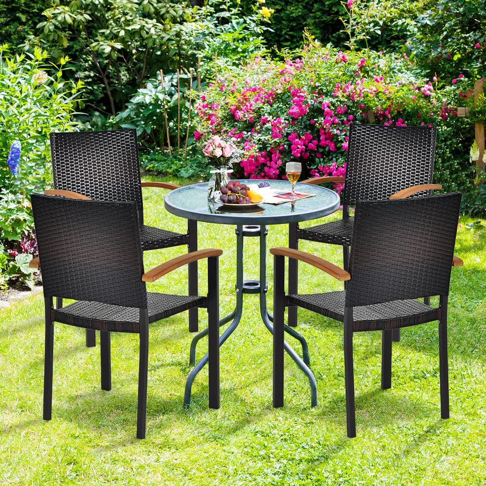 Rustic Wicker Dining Armchair with Cushions and Acacia Wood Armrests
