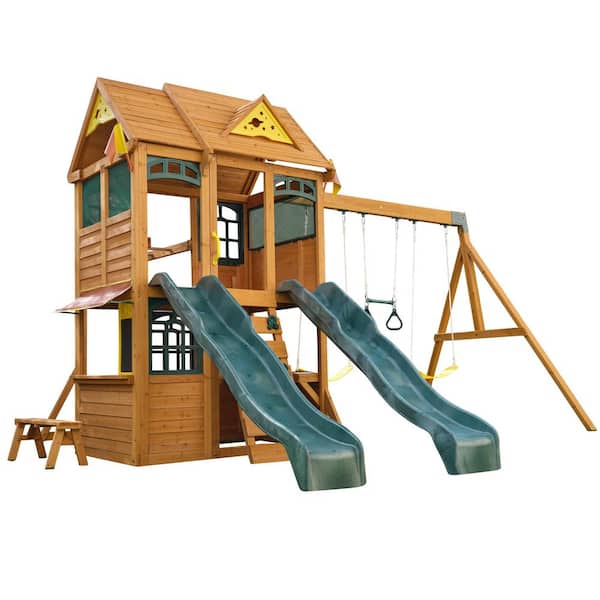 Overland Heights Wood Outdoor Playset for Ages 3-10 Years Old with Dual Slides, Swing Set, Rock Wall, & Playground Toys