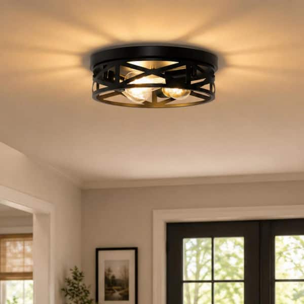 OUKANING 12.59 in. 1-Light Modern Minimalist Round Black Flush