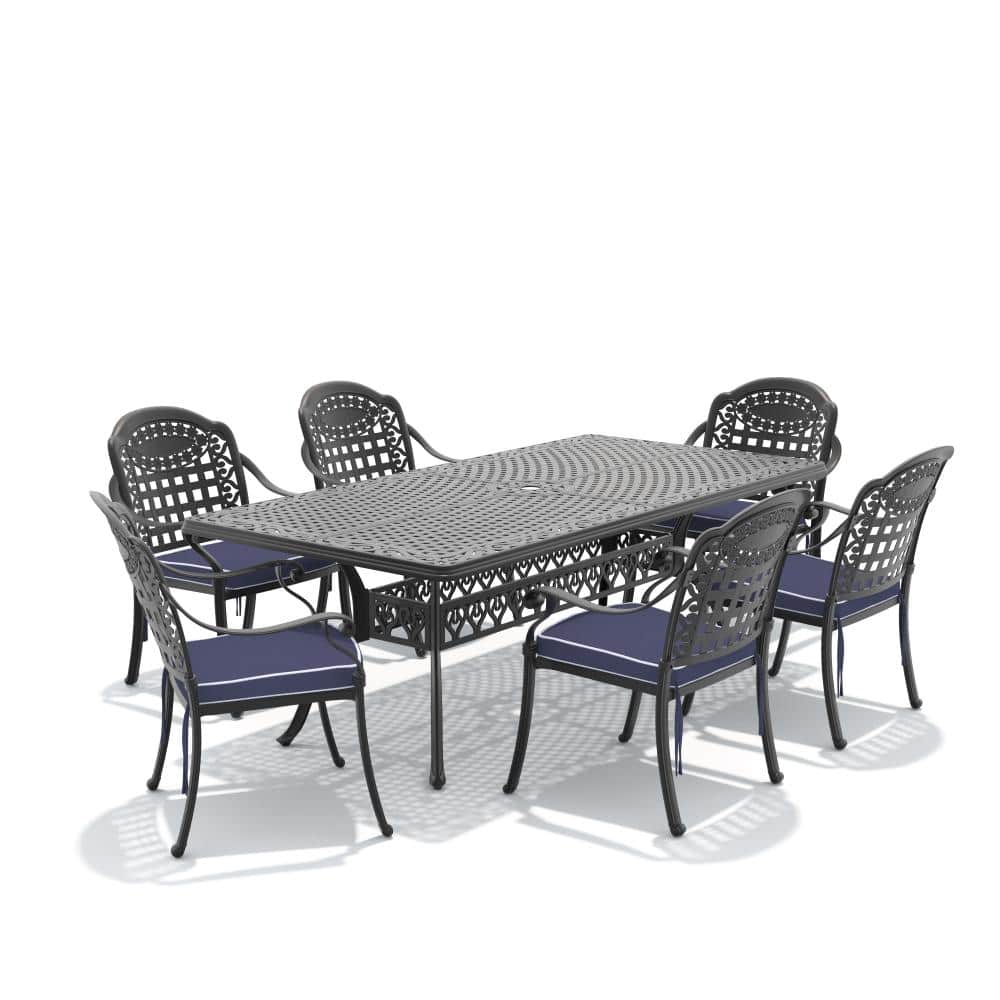 Black 7-Piece Cast aluminum Patio Outdoor Dining Set with Rectangle Table and Cast aluminum Chairs with Blue Cushions price history on PriceWatchPro