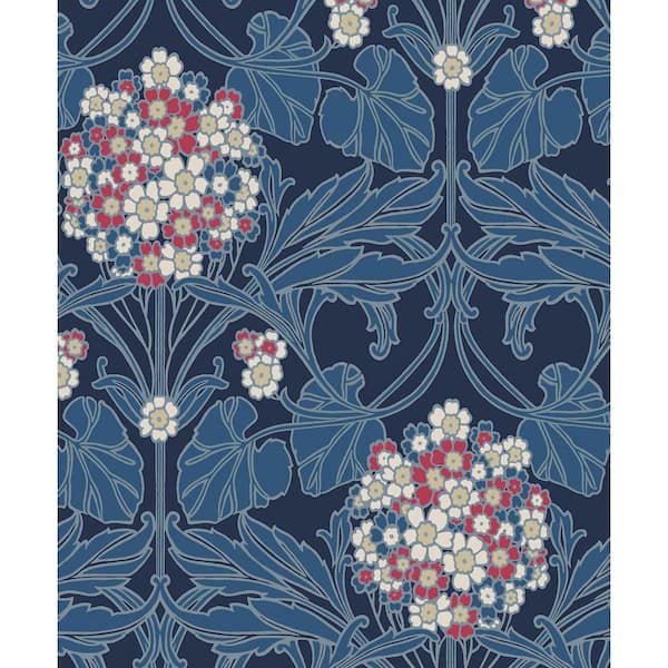 Seabrook Designs Naval Blue and Raspberry Floral Hydrangea Unpasted Nonwoven Paper Wallpaper Roll 57.5 sq. ft.