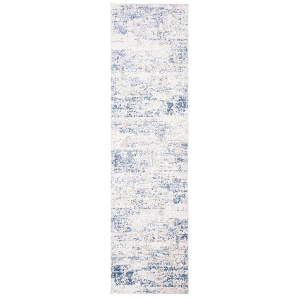 Ivory and Blue Abstract Hand-knotted Synthetic Runner Rug