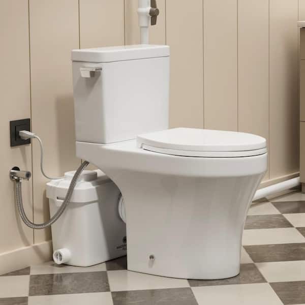 600-Watt Macerating Toilet System, 18 in. White Elongated Upflush Toilet with 1.28 GPF Single Flush, 2-Extension Pipes