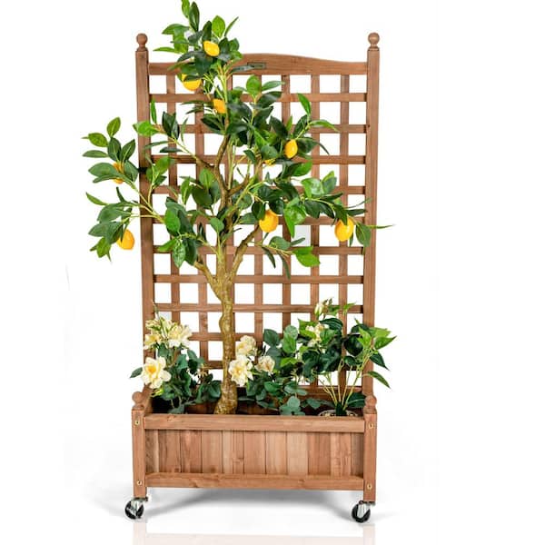 HONEY JOY 50 in. Natural Wood Planter Box with Trellis and Wheels Mobile Plant Raised Bed for Indoor and Outdoor