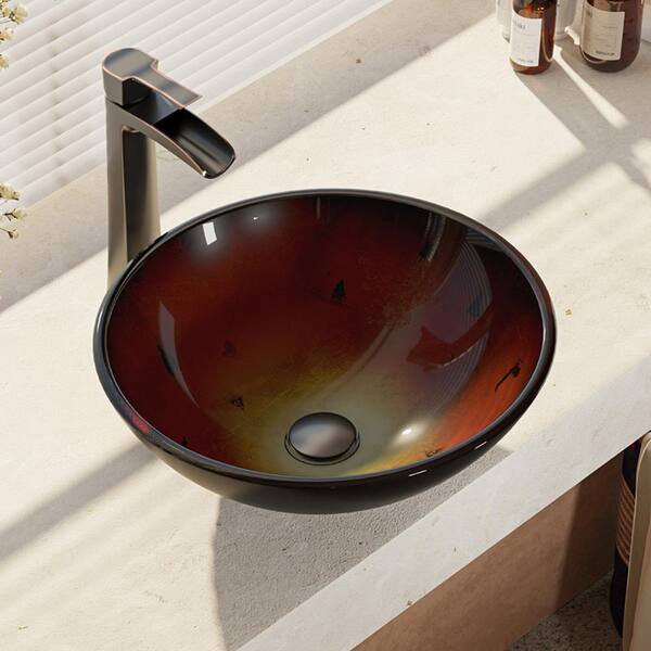 Rene Glass Vessel Sink in Gradient Red with R9-7007 Faucet and Pop-Up Drain in Antique Bronze