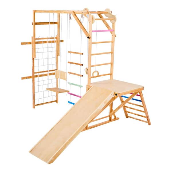 8 in.-1 Montessori Wooden Playground, 220 lbs. Climbing Toys w/ Swing, Slide, Monkey Bar, Gym Rings, Ladder, Net and Bar