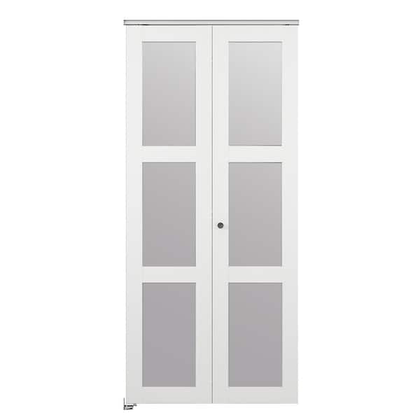 24 in. x 80 in. 3 Lite Frosted Glass Solid Core White Composite Bi-Fold Door with Hardware Kit and Door Handle