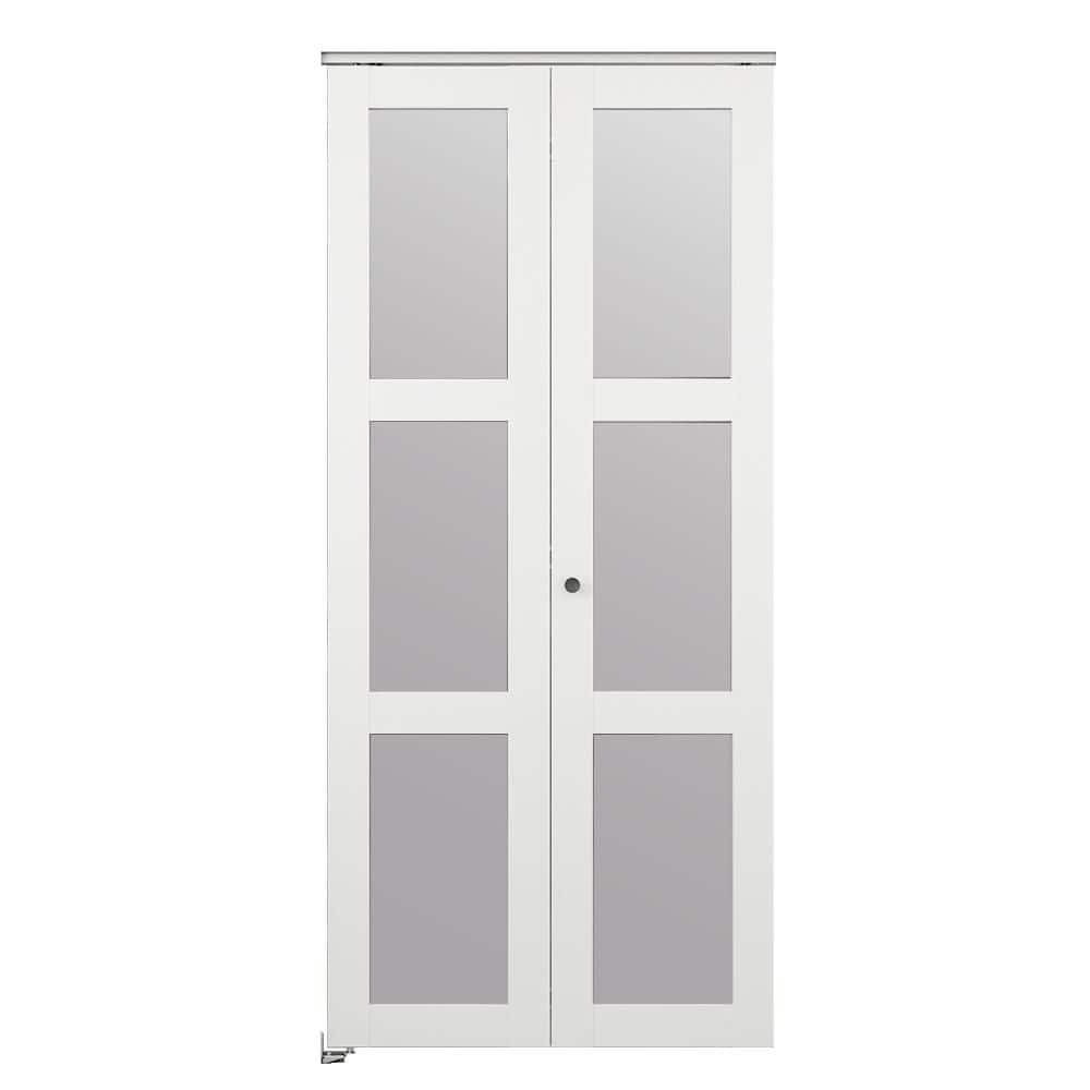 30 in. x 80 in. 3 Lite Frosted Glass Solid Core White Composite Bi-Fold Door with Hardware Kit and Door Handle price history on PriceWatchPro
