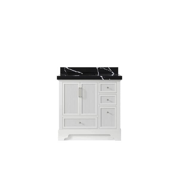 Willow Collections Alys 36 in. W. x 22 in. D x 36 in. H Single Left Offset Sink Bath Vanity in White with 2 in. Calacatta Black Qt. Top