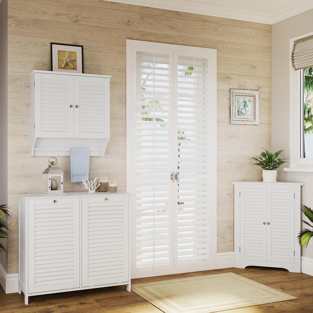 White MDF Double Tilt-Out Laundry Hamper Cabinet with Cloth Bags