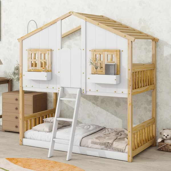 Harper & Bright Designs Natural and White Twin Over Twin House Bunk Bed with Roof, Window, Window Box, Door and Ladder