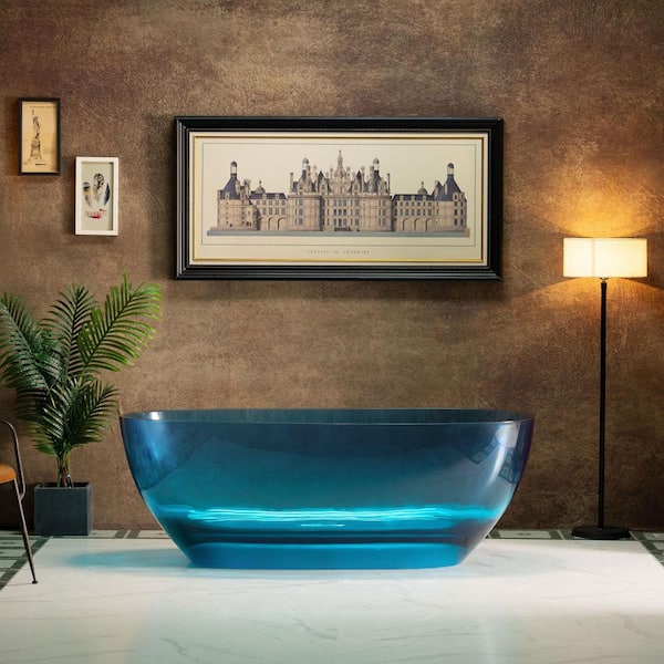 63 in. x 28.25 in. Solid Surface Stone Resin Freestanding Soaking Bathtub With Center Drain in Blue