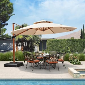 13 ft. Octagon High-Quality Wood Pattern Aluminum Cantilever Polyester Patio Umbrella with Stand, Beige