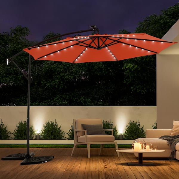 Tenleaf 10 ft. Solar LED Steel Offset Hanging Patio Umbrella in Orange