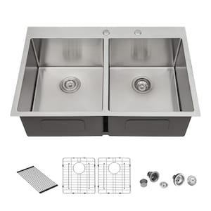 33 in. L x 22 in. W Drop-in Double Bowls 16-Gauge Stainless Steel Kitchen Sink in Brushed Nickel