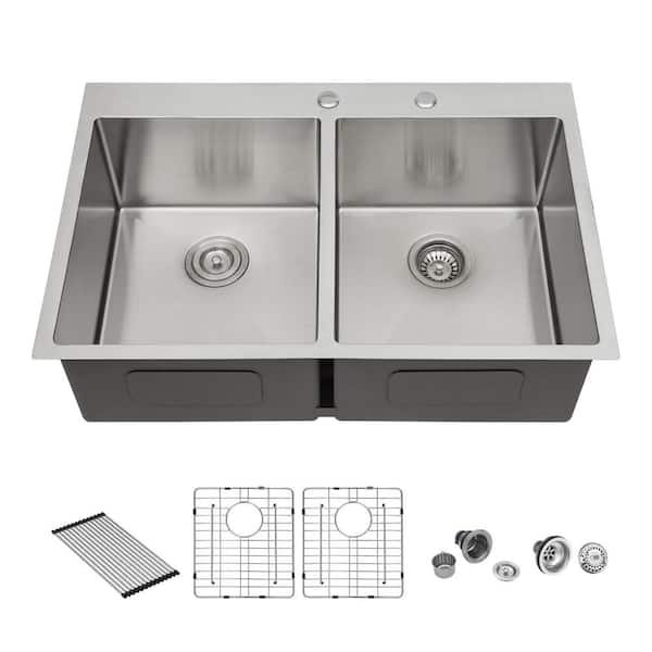RAINLEX 33 in. L x 22 in. W Drop-in Double Bowls 16-Gauge Stainless Steel Kitchen Sink in Brushed Nickel