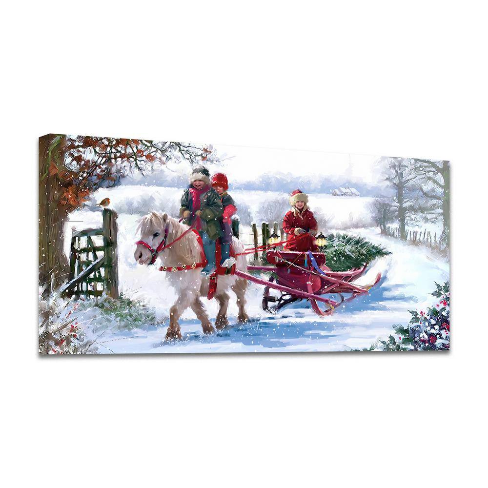 Kids Riding White Horse Premium Solid Wood Framed Heartwarming Christmas Th