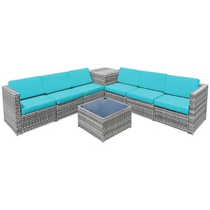 8-Piece Wicker Patio Conversation Set Rattan Furniture Storage Table with Turquoise Cushions
