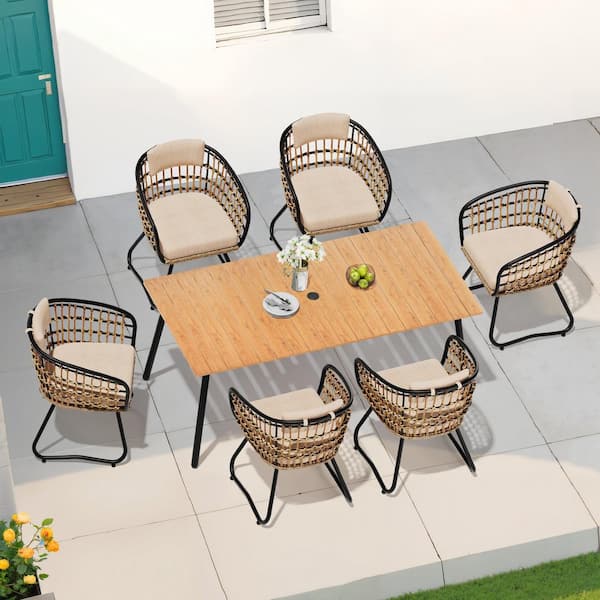 7-Piece Metal 70.9 in. Outdoor Dining Set with Rattan Chairs and Beige Cushions
