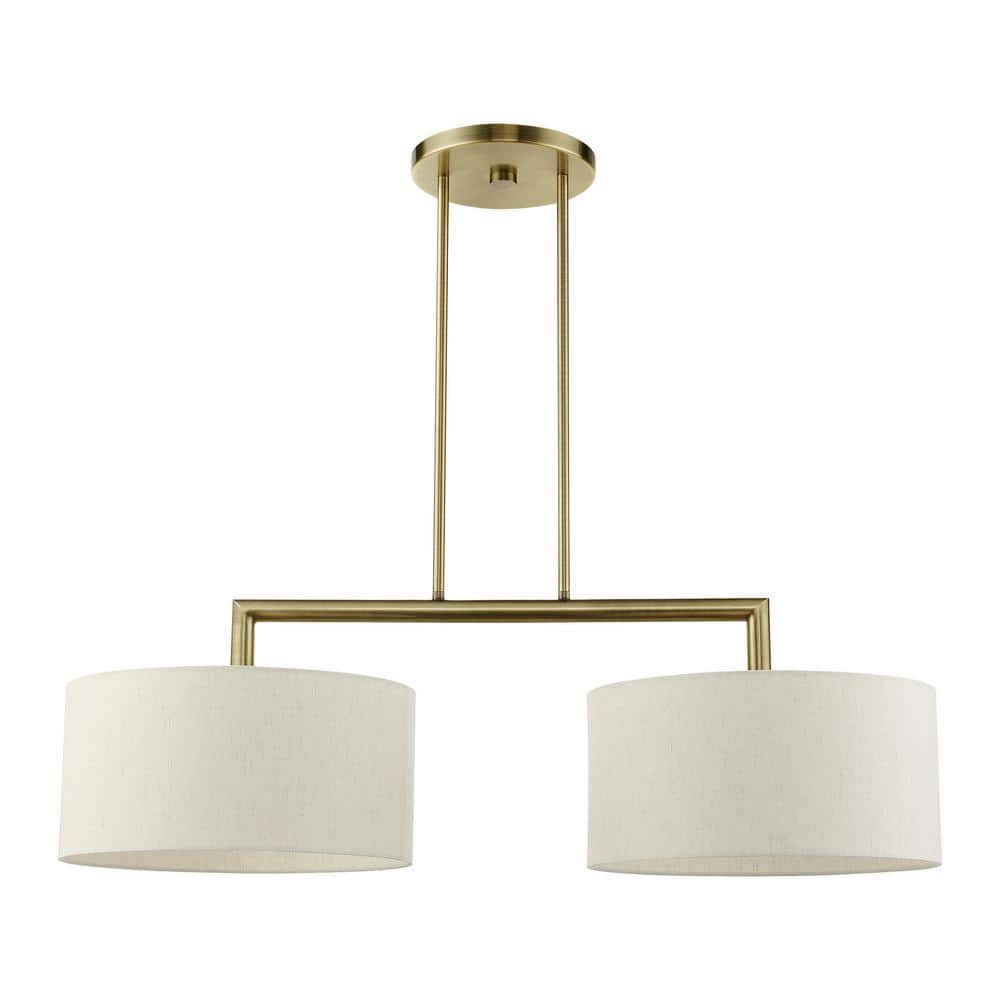 Antique Brass Dual-Light Linear Chandelier with Oatmeal Shades