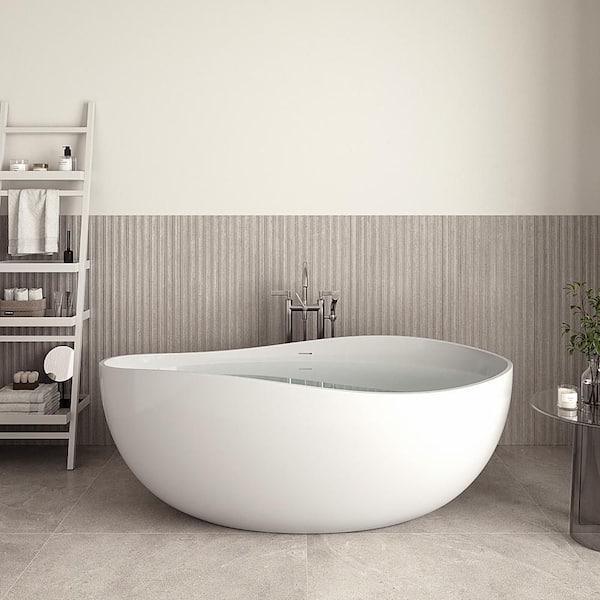 63 in. x 31 in. NS7100CH Stone Resin Freestanding Soaking Bathtub in Matte White with Polished Chrome Drain, Bamboo Tray
