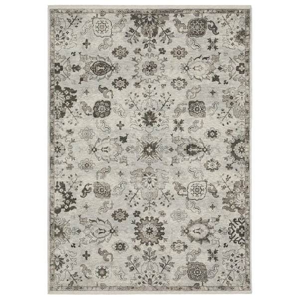 AVERLEY HOME Channing Ivory/Gray 10 ft. x 13 ft. Persian Floral Distressed Polyester Fringe Edge Indoor Area Rug