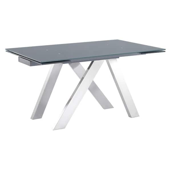 Armen Living Ace Contemporary Dining Table in Grey Powder Coated with Brushed Stainless Steel and Grey Tempered Glass Top