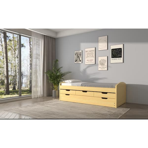 Dwell Home Inc Joseph Natural Twin Solid Wood Daybed with 3-Drawer Storage Twin Trundle