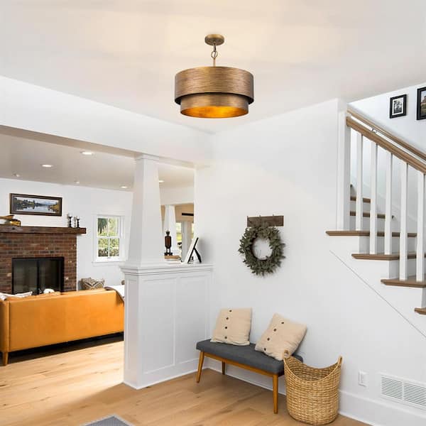 20 in. 4-Light Rustic Farmhouse Antique Gold Tiered Drum Semi-Flush Mount Pendant Ceiling Light