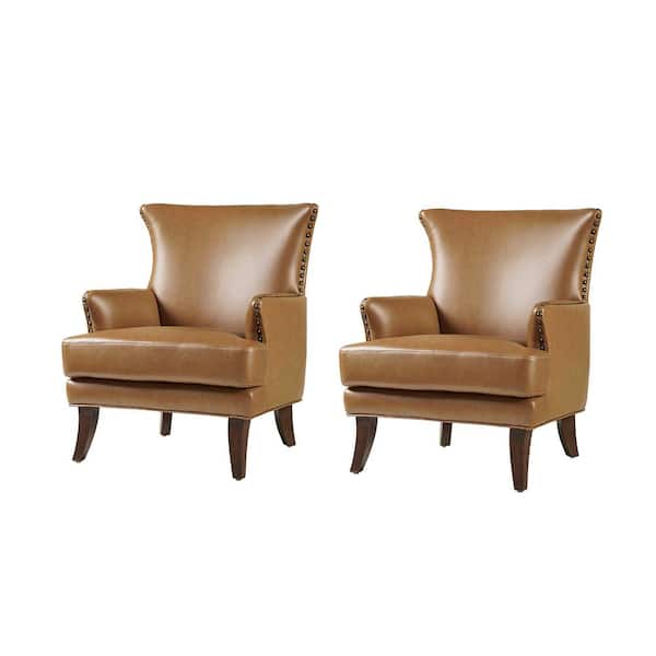 JAYDEN CREATION Bonnot Transitional Camel Faux Leather Wingback Armchair with Nailhead Trim and T-Cushion (Set of 2)