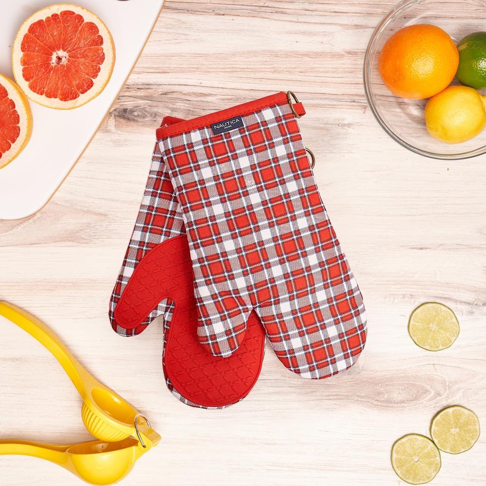 Nautica Home Plaid Red/Navy 100% Cotton Mini Oven Mitt with Silicone Palm (Set of 2)