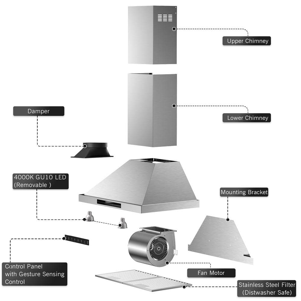 36'' Stainless Steel Convertible Wall Mount Range Hood with Charcoal Filter
