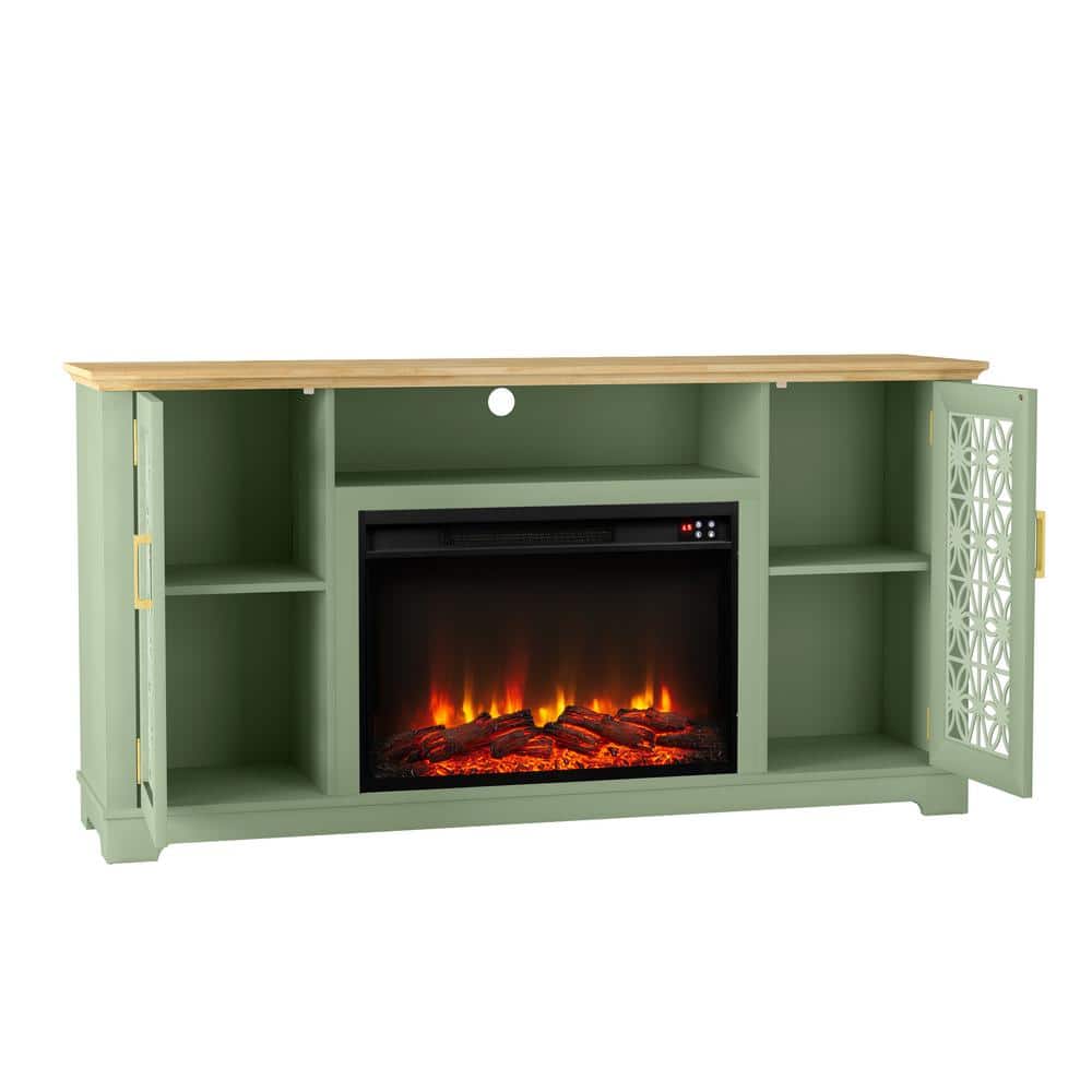 Green Farmhouse TV Stand with Electric Fireplace for 65" TVs