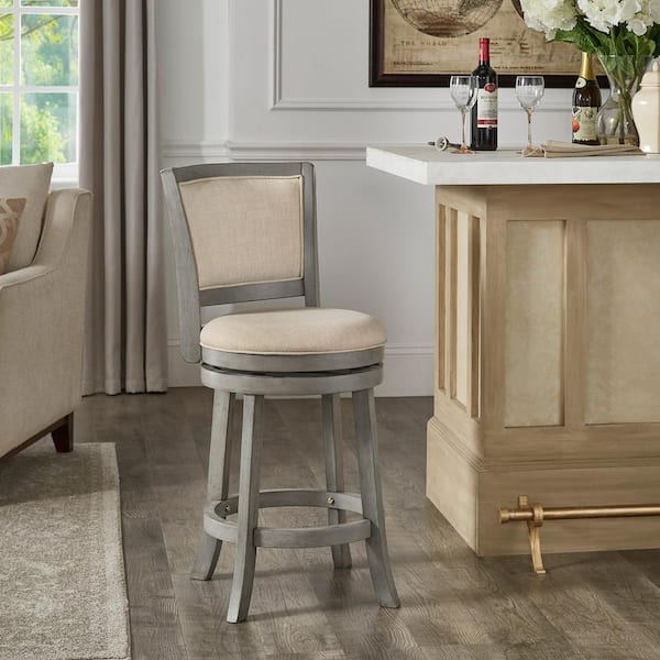HomeSullivan 24.37 in. Antique Gray Finish Wood Frame Beige Upholstered Back Swivel Counter Height Stool