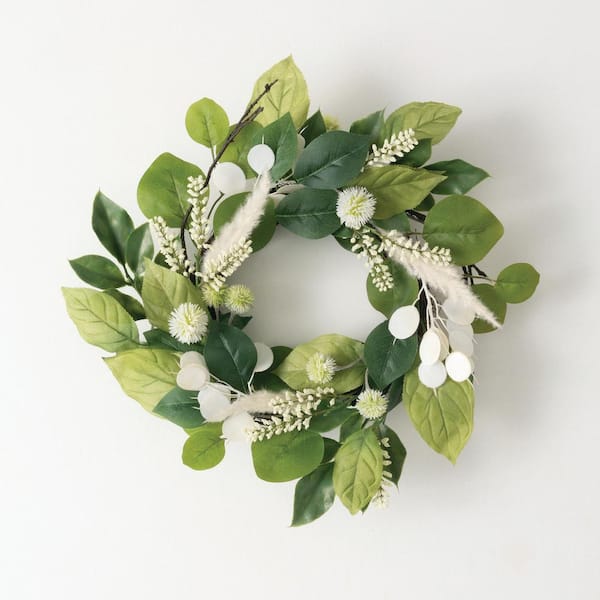 SULLIVANS 16.5 in. Artificial Mixed Silver Dollar Mini Wreath, Cream