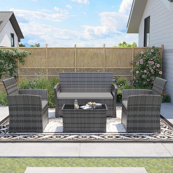 4-Piece Gray Wicker Bistro Patio Conversation Set with Table and Gray Cushions