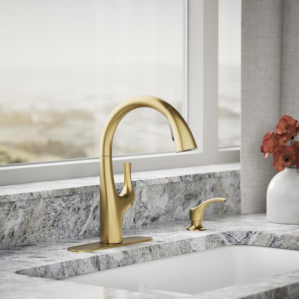 Avi 13.5 in. Single Handle Pull Out Sprayer Kitchen Faucet with 180° Spout Swivel in Vibrant Brushed Moderne Brass