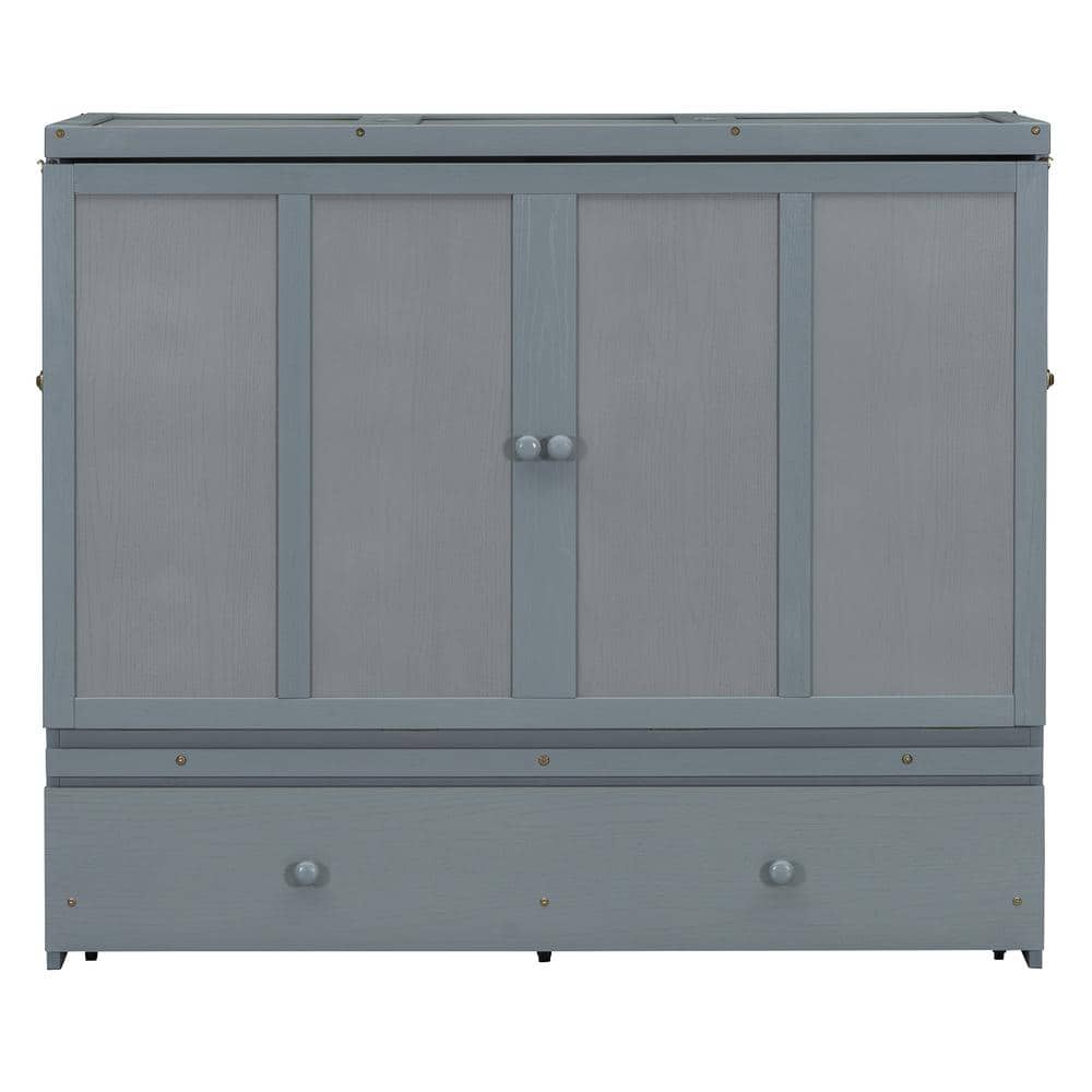 Gray Pine Full Size Murphy Bed with Large Drawer and USB Ports