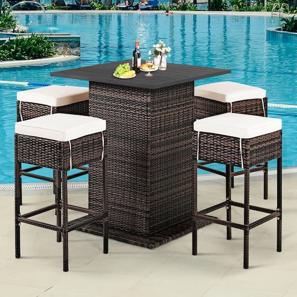 FORCLOVER 5-Piece Patio Wicker Outdoor Serving Bar Furniture Set with White Cushion and Hidden Storage Shelf