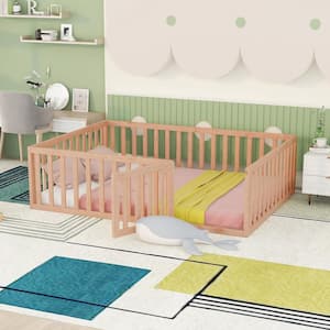 Natural Full Size Montessori Bed with Fence and Door, Toddler Floor Bed Frane Full Size, Floor Bed frame for Kids