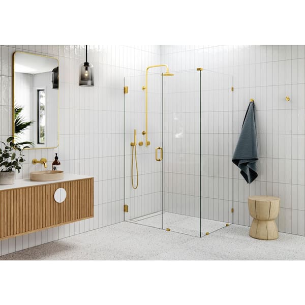 Glass Warehouse 47.5 in. W x 34.5 in. D x 78 in. H Pivot Frameless Corner Shower Enclosure in Satin Brass Finish with Clear Glass