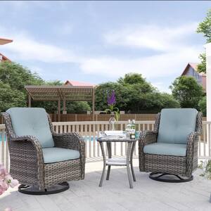 3-Piece Wicker Patio Conversation Set with Baby Blue Cushions All-Weather Swivel Rocking Chairs
