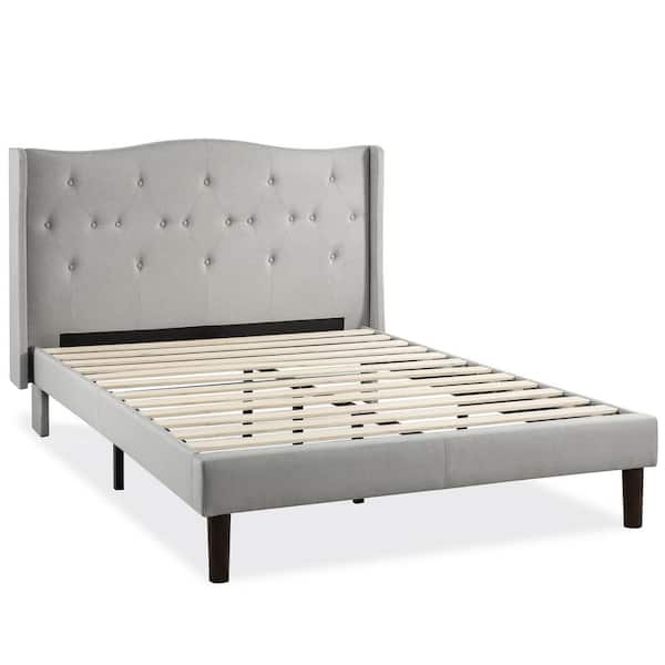 best price mattress AMABEL Upholstered Platform Bed with Tufted Wingback Headboard, Wooden Slats, Light Grey, King