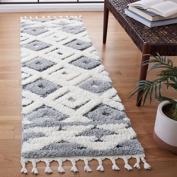 Moroccan Tassel Shag 2 ft. x 8 ft. Gray/Ivory Diamond High-Low Fringe Runner Rug